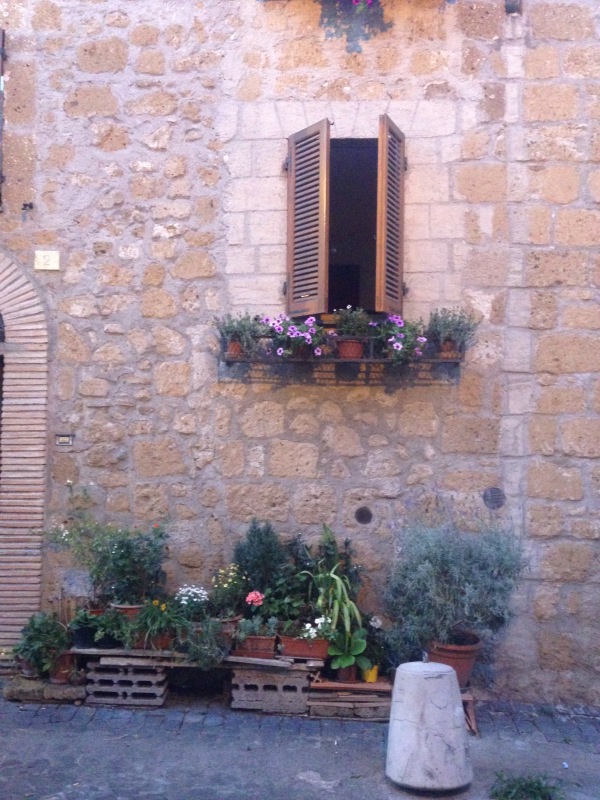 A stone house wall in Orvieto with wooden shutters open above a window box of petunias and a cluster of potted plants at street level